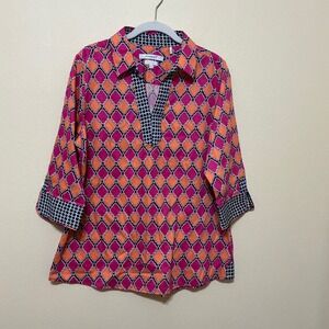 Foxcroft NYC Womens Tunic Top‎ Size 10 Pink Orange Geometric Print 3/4 Sleeve